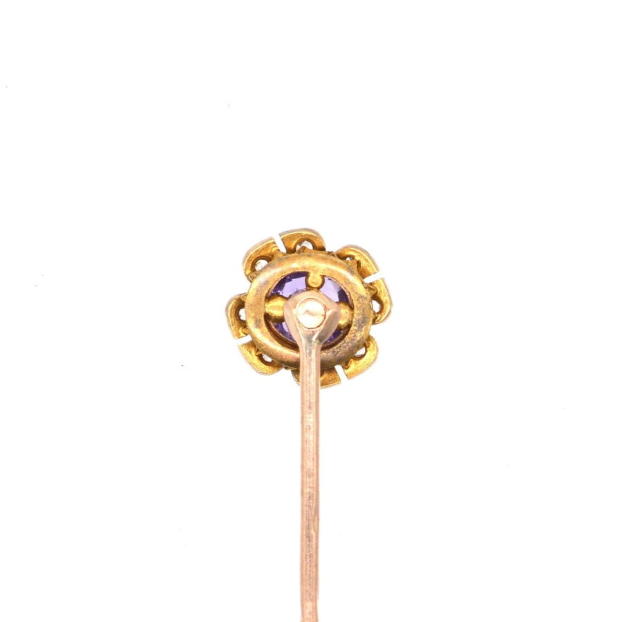 Late Victorian 15ct gold tie pin featuring a cluster of amethyst and diamonds, elegant accessory for silk ties.