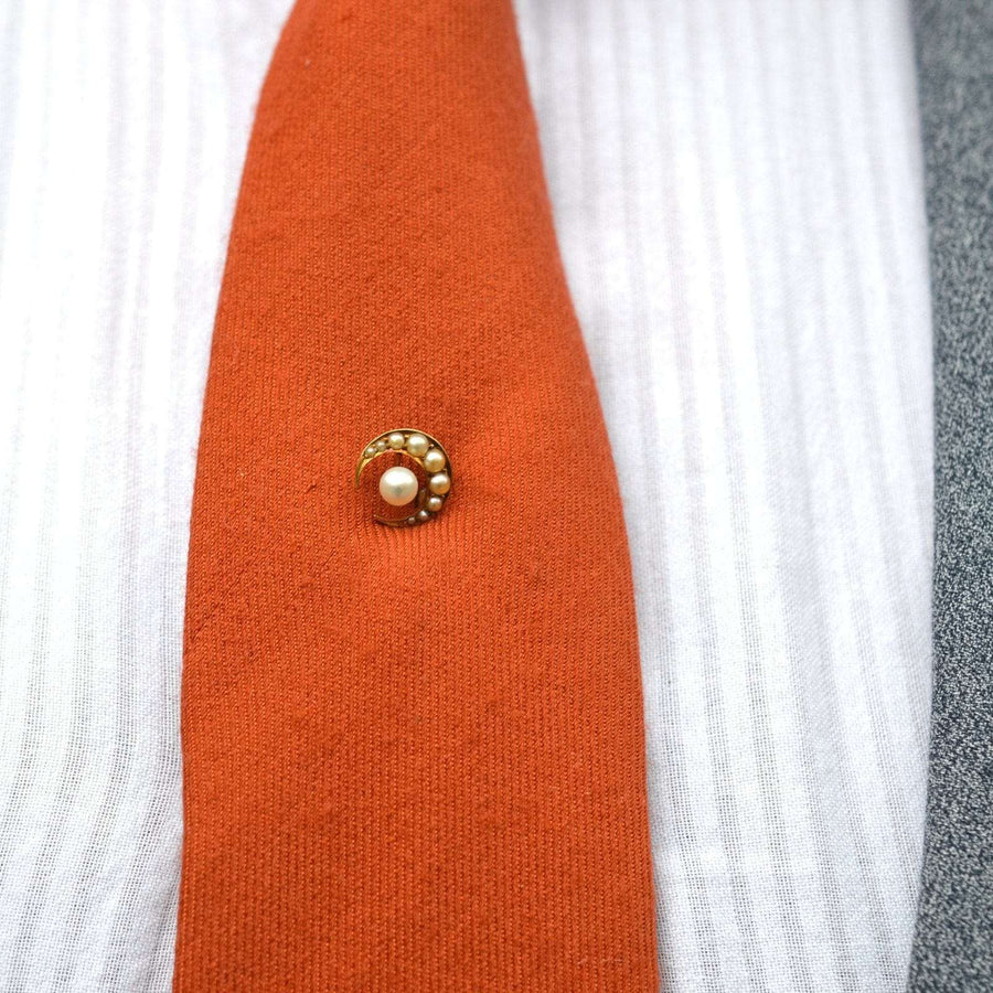 Late Victorian 15ct Gold and Split Pearl Crescent Moon Tie Pin | Parkin and Gerrish (UK)