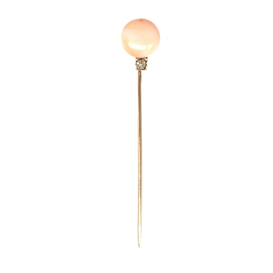 Late Victorian 15ct gold tie pin featuring Angel Skin Coral and an old mine cut diamond.