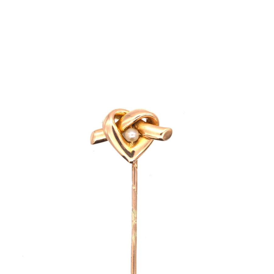 Late Victorian 15ct Gold, Lover's Knot in a Heart Motif Tie Pin with a Natural Pearl | Parkin and Gerrish | Antique & Vintage Jewellery