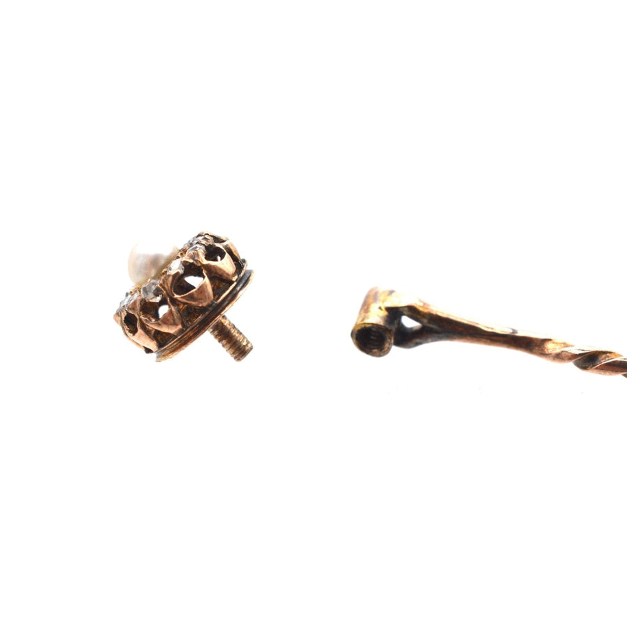 Late Victorian 15ct Gold Natural Pearl and Diamond Cluster Tie Pin | Parkin and Gerrish (UK)