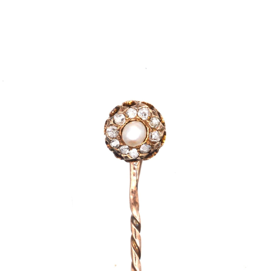 Late Victorian 15ct Gold Natural Pearl and Diamond Cluster Tie Pin | Parkin and Gerrish (UK)
