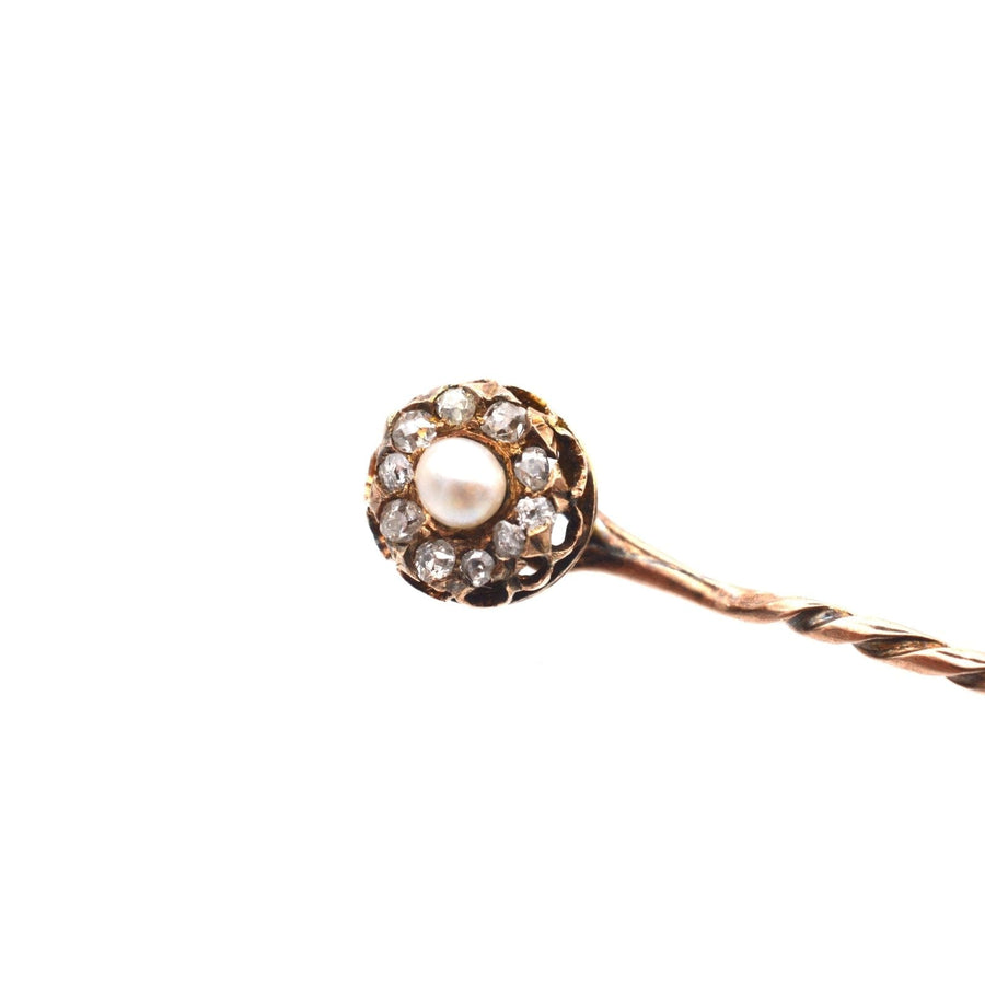 Late Victorian 15ct Gold Natural Pearl and Diamond Cluster Tie Pin | Parkin and Gerrish (UK)