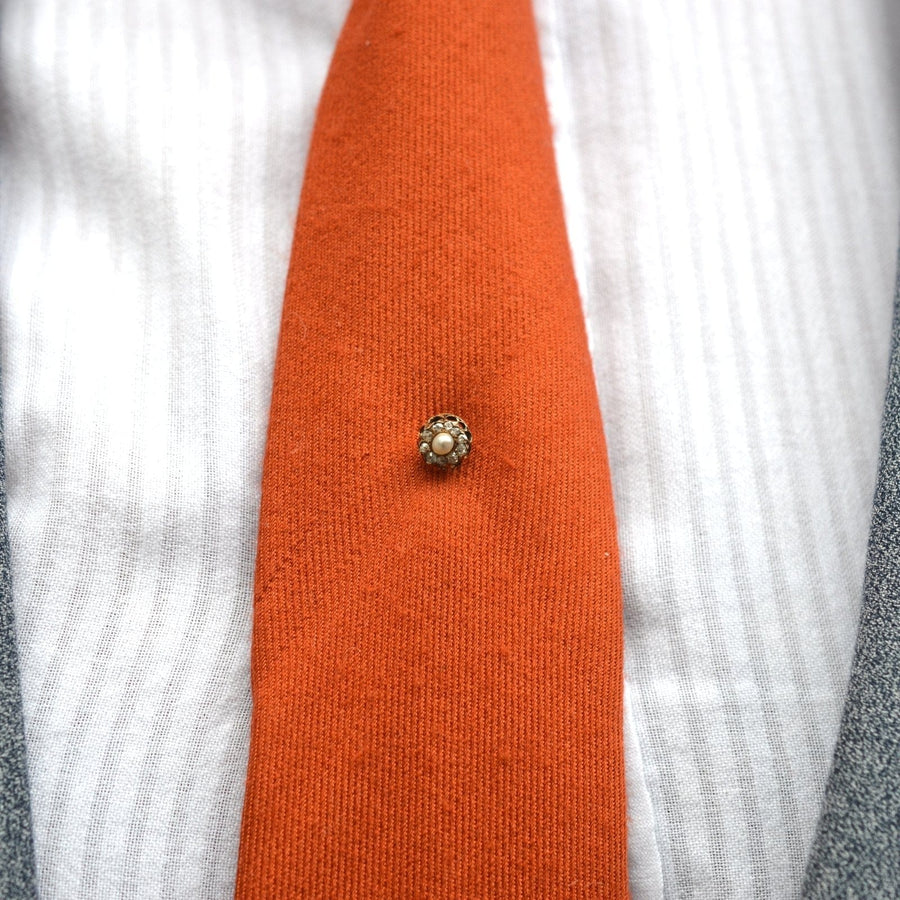 Late Victorian 15ct Gold Natural Pearl and Diamond Cluster Tie Pin | Parkin and Gerrish (UK)