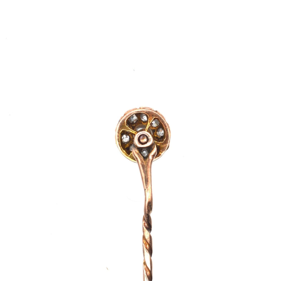 Late Victorian 15ct Gold Natural Pearl and Diamond Cluster Tie Pin | Parkin and Gerrish (UK)