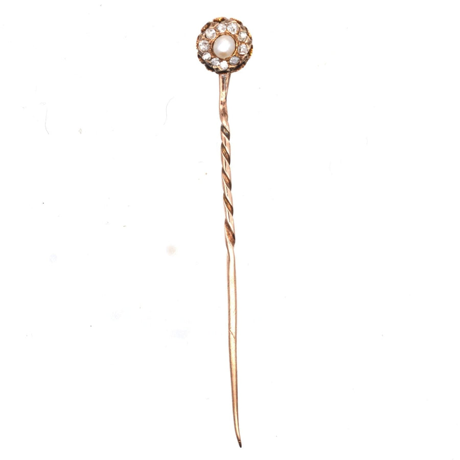 Late Victorian 15ct Gold Natural Pearl and Diamond Cluster Tie Pin | Parkin and Gerrish (UK)