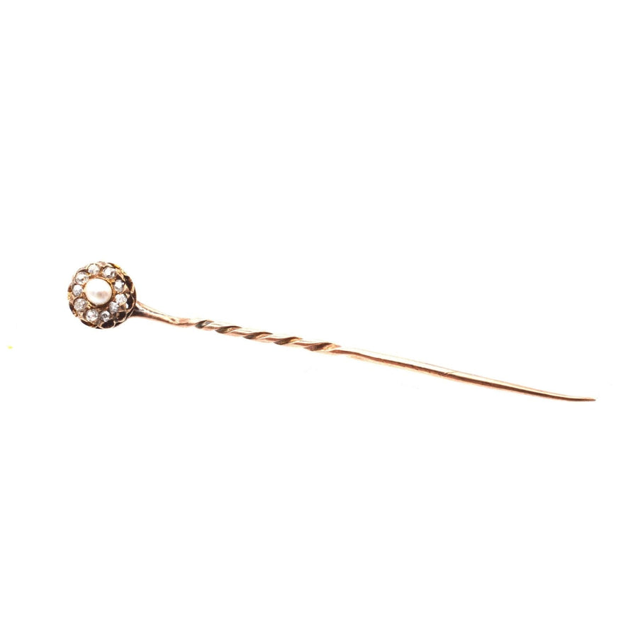 Late Victorian 15ct Gold Natural Pearl and Diamond Cluster Tie Pin | Parkin and Gerrish (UK)