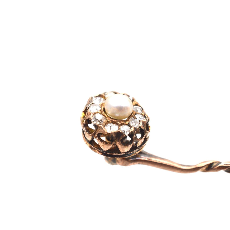 Late Victorian 15ct Gold Natural Pearl and Diamond Cluster Tie Pin | Parkin and Gerrish (UK)