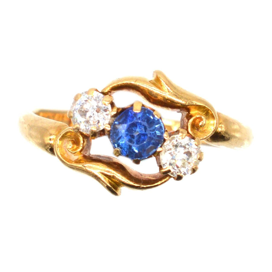 Late Victorian 18ct Gold, Sapphire and Diamond Three Stone Crossover Ring
