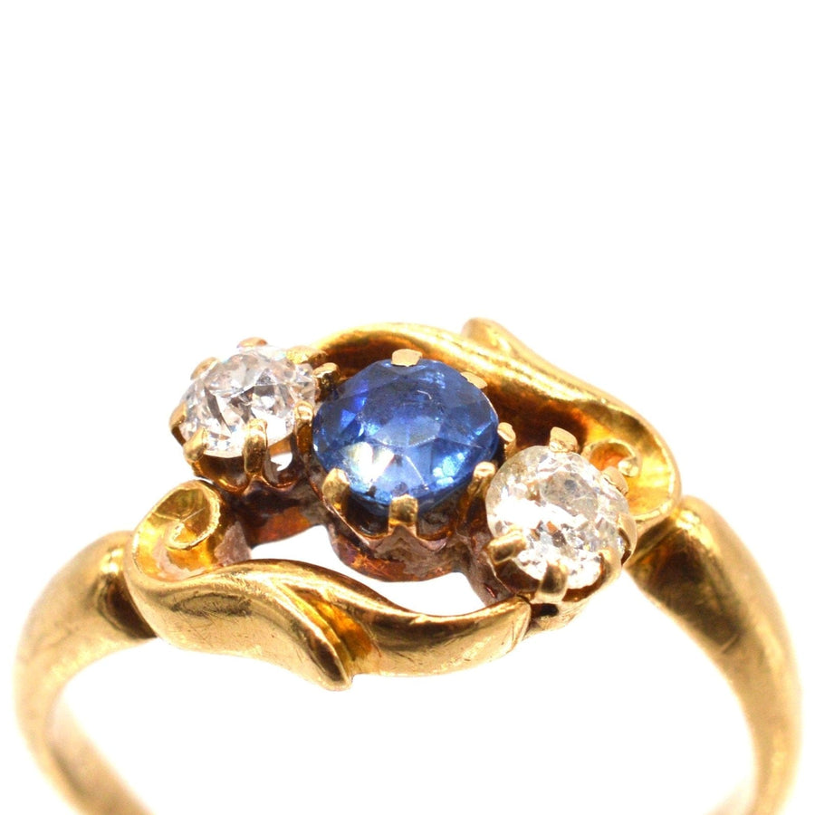Late Victorian 18ct Gold, Sapphire and Diamond Three Stone Crossover Ring
