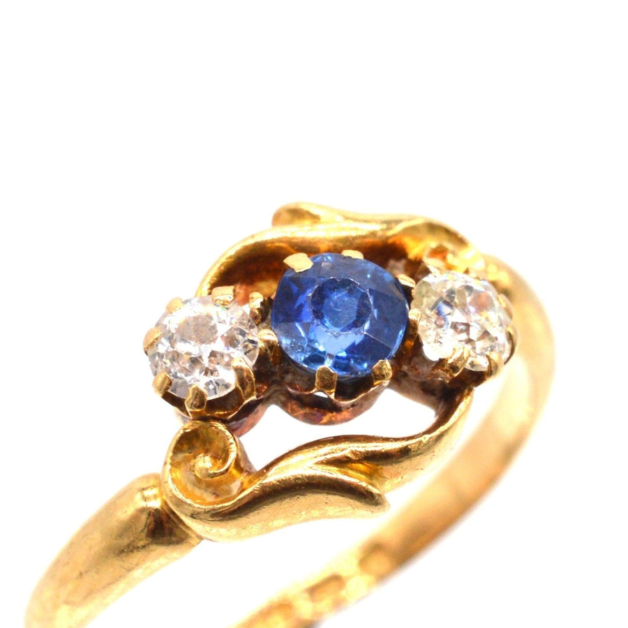 Late Victorian 18ct Gold, Sapphire and Diamond Three Stone Crossover Ring