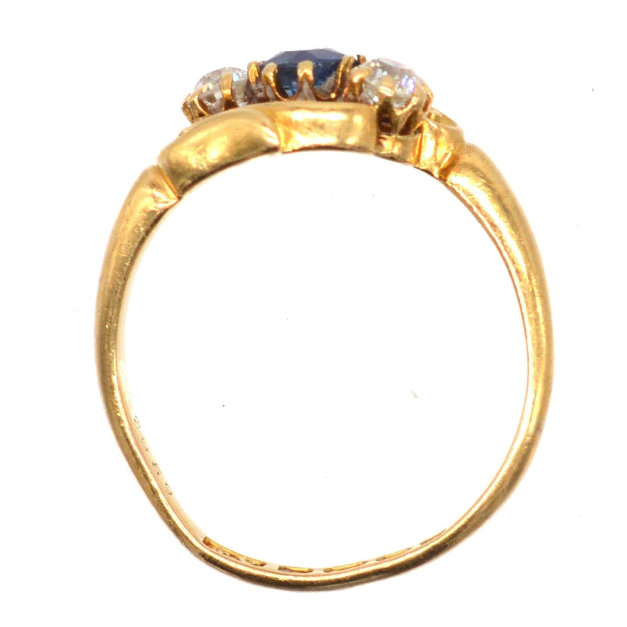 Late Victorian 18ct Gold, Sapphire and Diamond Three Stone Crossover Ring