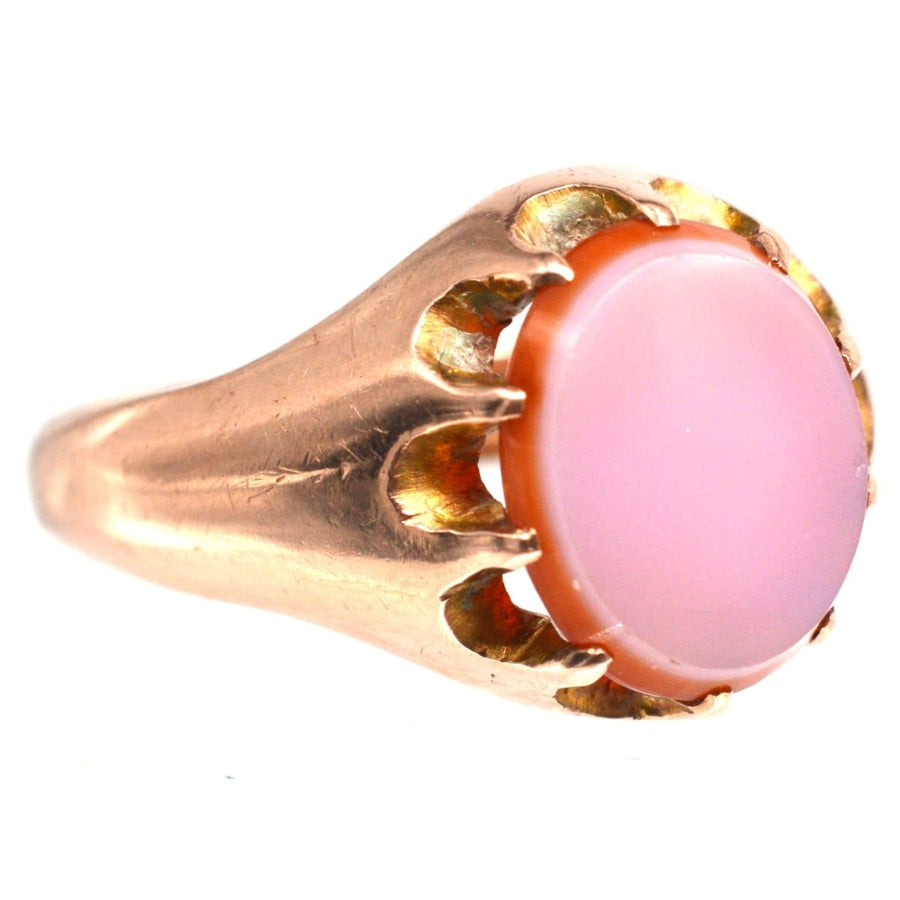 Late Victorian 9ct gold sardonyx signet ring with a distinct pink stone, perfect for engraving or elegant wear.