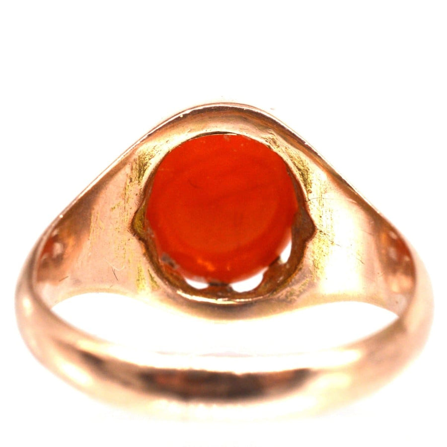 Late Victorian 9ct gold sardonyx signet ring featuring a vibrant orange stone, perfect for engraving or everyday wear.