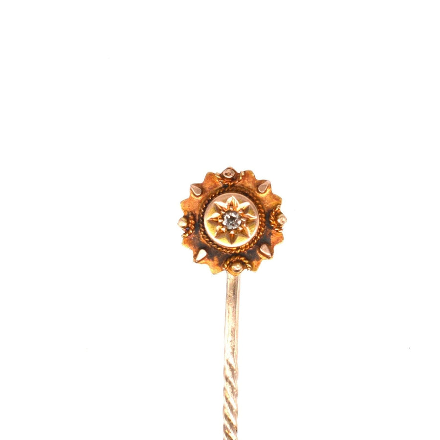 Late Victorian 9ct gold tie pin with diamond, featuring star motif and rope detail, perfect for gifting.