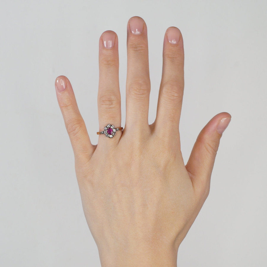 Late Victorian Silver & 15ct Rose Gold, Burma Ruby & Old Mine Cut Diamond Cluster Ring