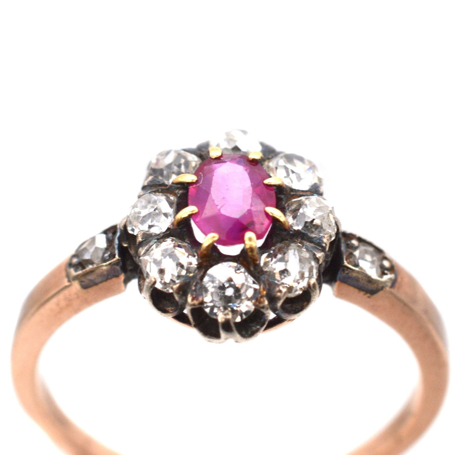 Late Victorian Silver & 15ct Rose Gold, Burma Ruby & Old Mine Cut Diamond Cluster Ring