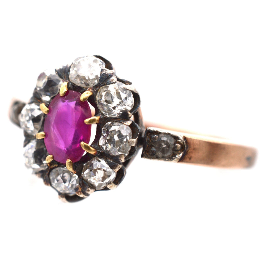 Late Victorian Silver & 15ct Rose Gold, Burma Ruby & Old Mine Cut Diamond Cluster Ring