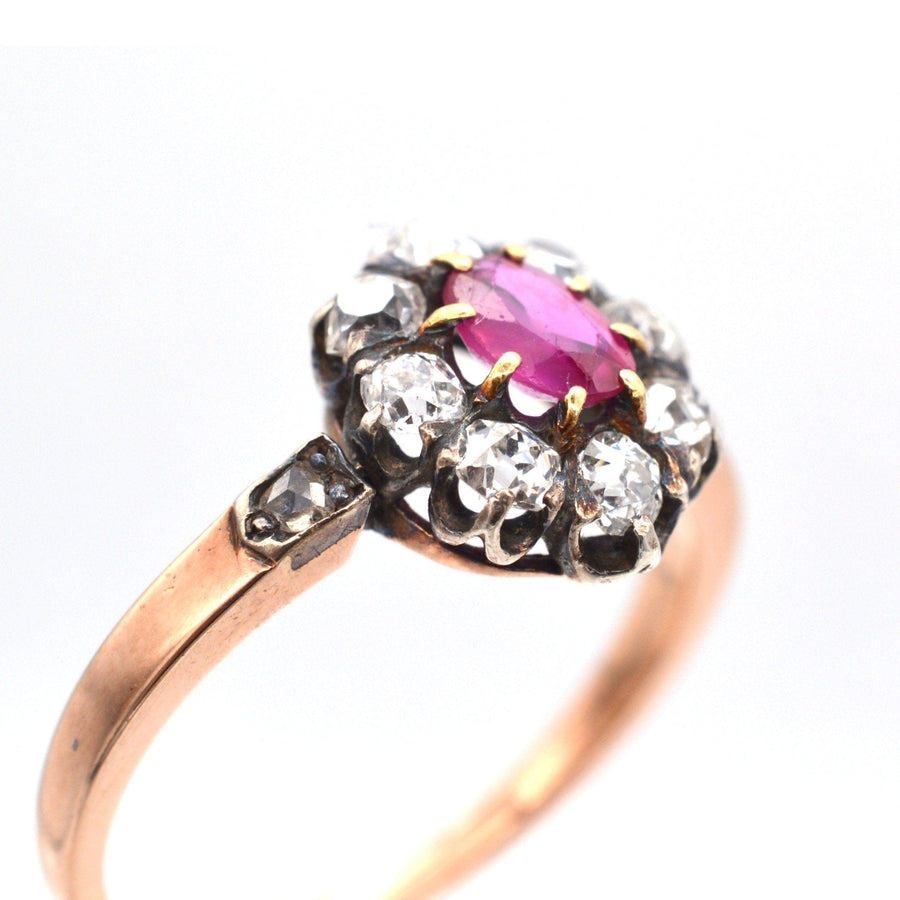 Late Victorian Silver & 15ct Rose Gold, Burma Ruby & Old Mine Cut Diamond Cluster Ring