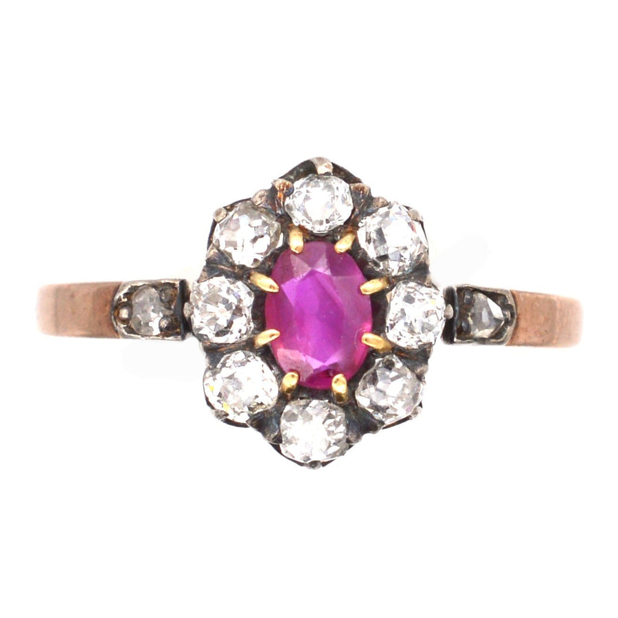 Late Victorian Silver & 15ct Rose Gold, Burma Ruby & Old Mine Cut Diamond Cluster Ring