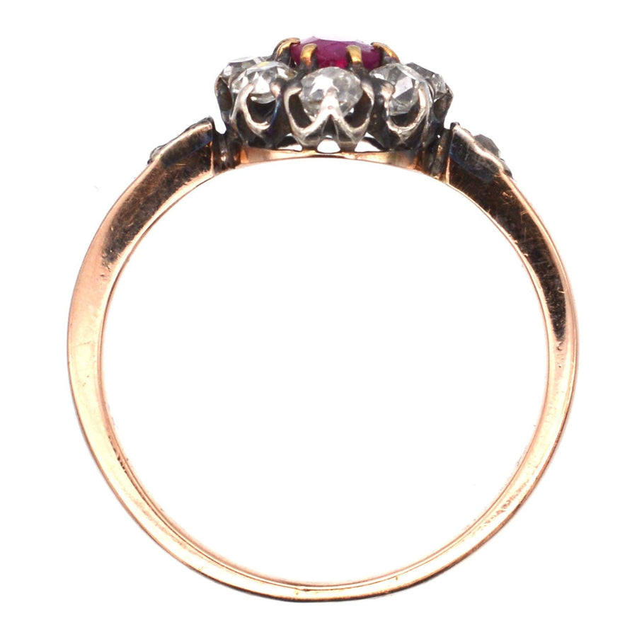 Late Victorian Silver & 15ct Rose Gold, Burma Ruby & Old Mine Cut Diamond Cluster Ring