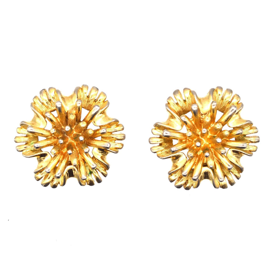 Marcel Boucher 1960s gilt metal clip-on earrings with flower design, gold tone, stylish and comfortable.