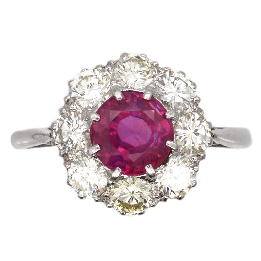 Mid 20th Century Platinum, 1.7 Carat Burma Ruby & Diamond Cluster Ring | Parkin and Gerrish | Antique & Vintage Jewellery