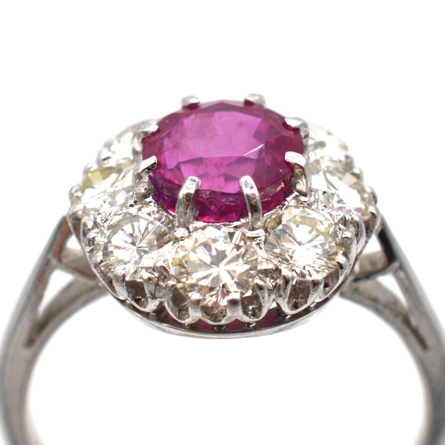 Mid 20th Century Platinum, 1.7 Carat Burma Ruby & Diamond Cluster Ring | Parkin and Gerrish | Antique & Vintage Jewellery