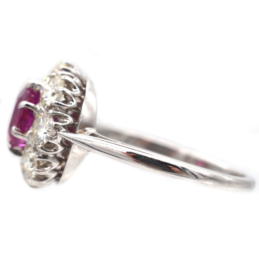 Mid 20th Century Platinum, 1.7 Carat Burma Ruby & Diamond Cluster Ring | Parkin and Gerrish | Antique & Vintage Jewellery