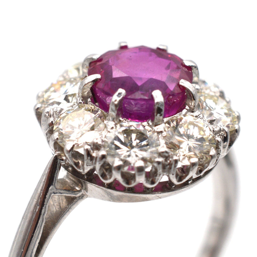 Mid 20th Century Platinum, 1.7 Carat Burma Ruby & Diamond Cluster Ring | Parkin and Gerrish | Antique & Vintage Jewellery