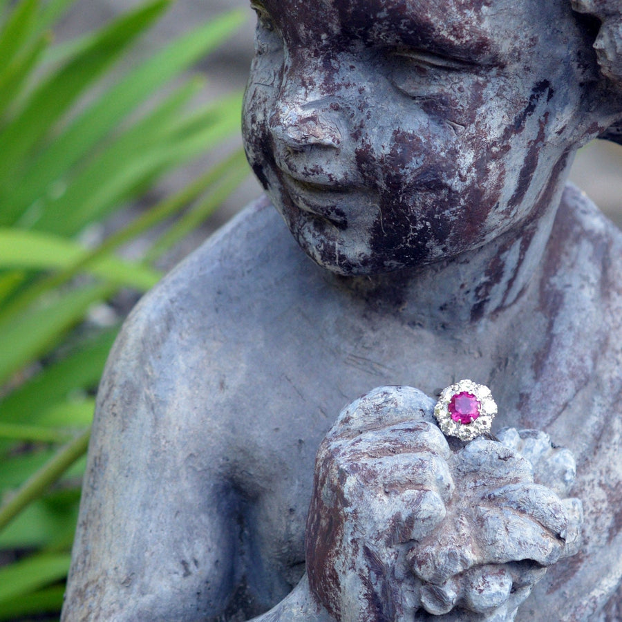 Mid 20th Century Platinum, 1.7 Carat Burma Ruby & Diamond Cluster Ring | Parkin and Gerrish | Antique & Vintage Jewellery