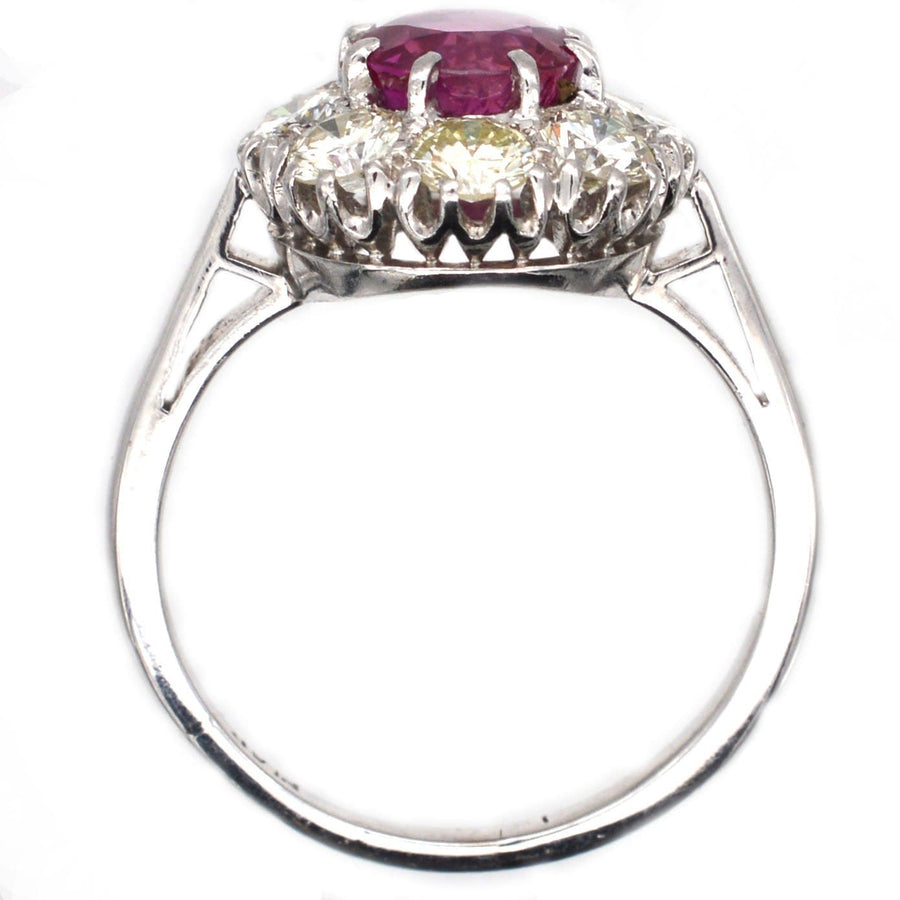 Mid 20th Century Platinum, 1.7 Carat Burma Ruby & Diamond Cluster Ring | Parkin and Gerrish | Antique & Vintage Jewellery