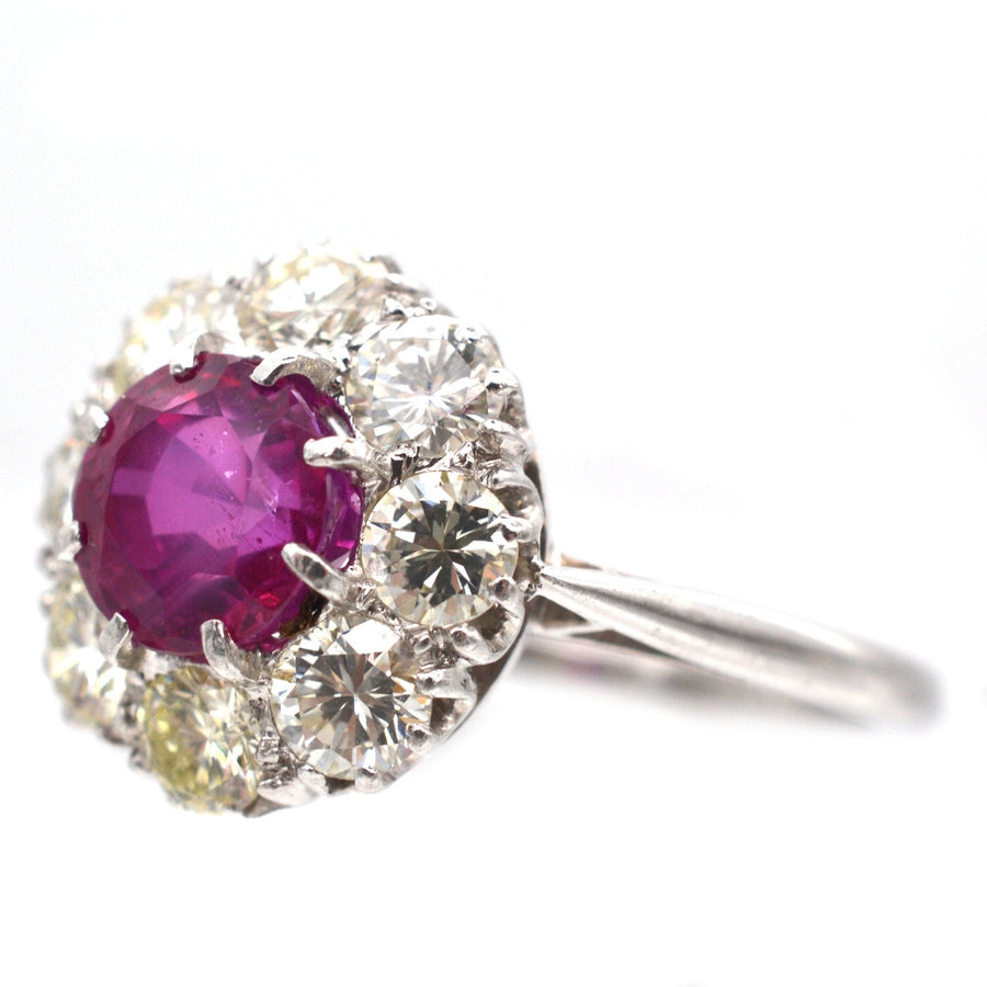 Mid 20th Century Platinum, 1.7 Carat Burma Ruby & Diamond Cluster Ring | Parkin and Gerrish | Antique & Vintage Jewellery