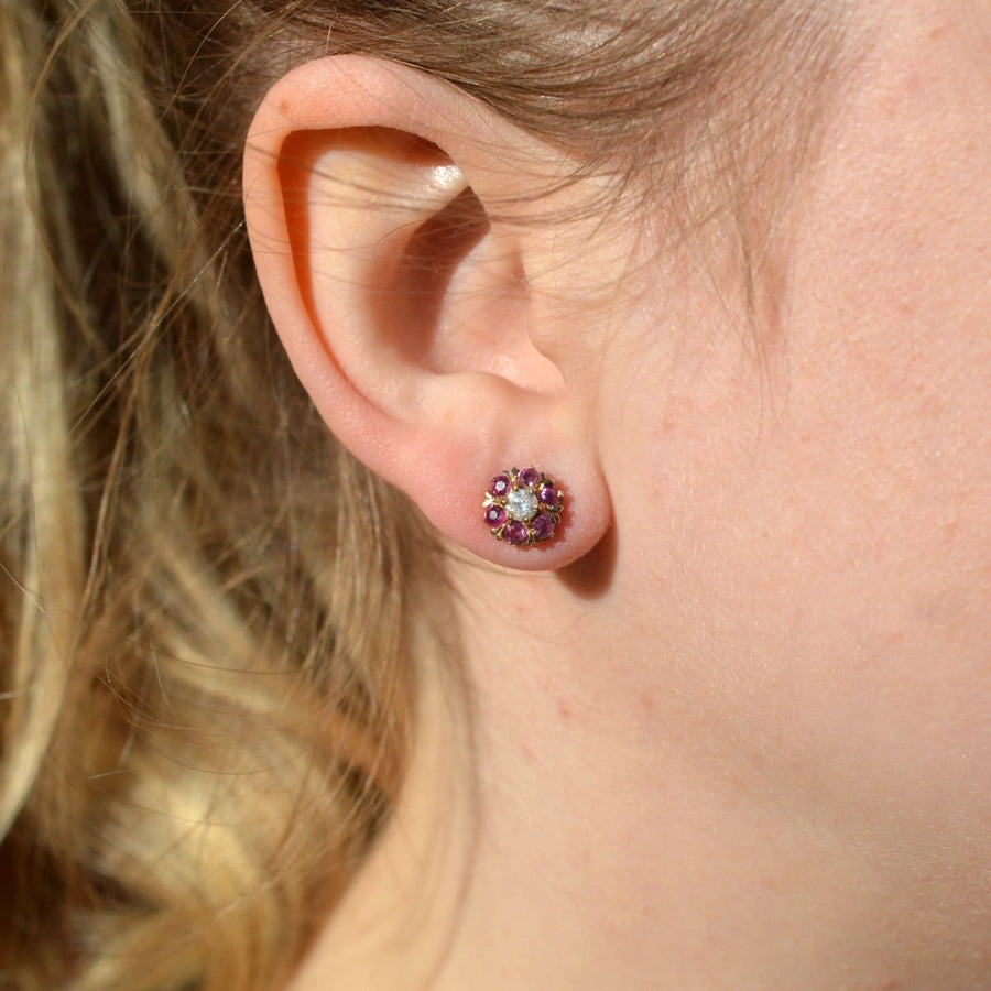Mid Century 10ct Gold Ruby and Diamond Cluster Earrings with detachable Gold Flower Petal Jacket | Parkin and Gerrish | Antique & Vintage Jewellery