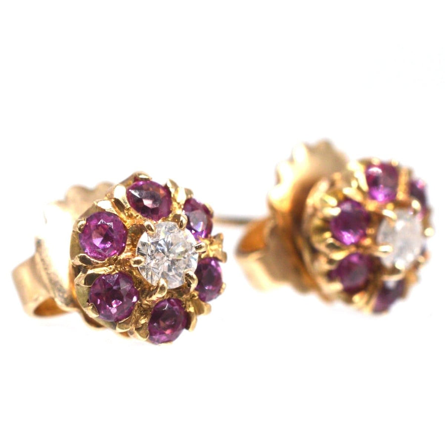 Mid Century 10ct Gold Ruby and Diamond Cluster Earrings with detachable Gold Flower Petal Jacket | Parkin and Gerrish | Antique & Vintage Jewellery