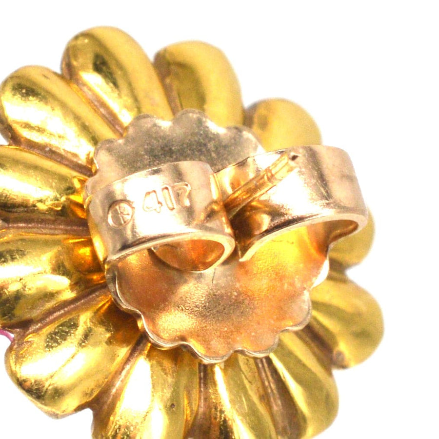 Mid Century 10ct Gold Ruby and Diamond Cluster Earrings with detachable Gold Flower Petal Jacket | Parkin and Gerrish | Antique & Vintage Jewellery