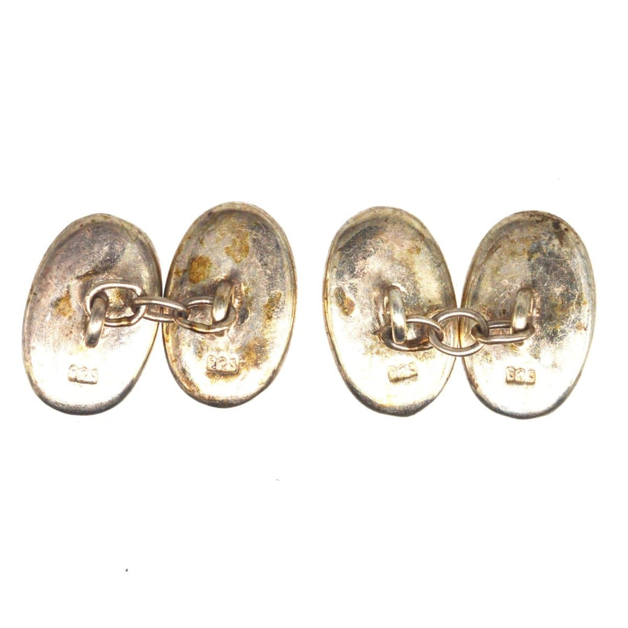 Mid Century German silver oval cufflinks with mother of pearl inlay, perfect for stylish formal wear.