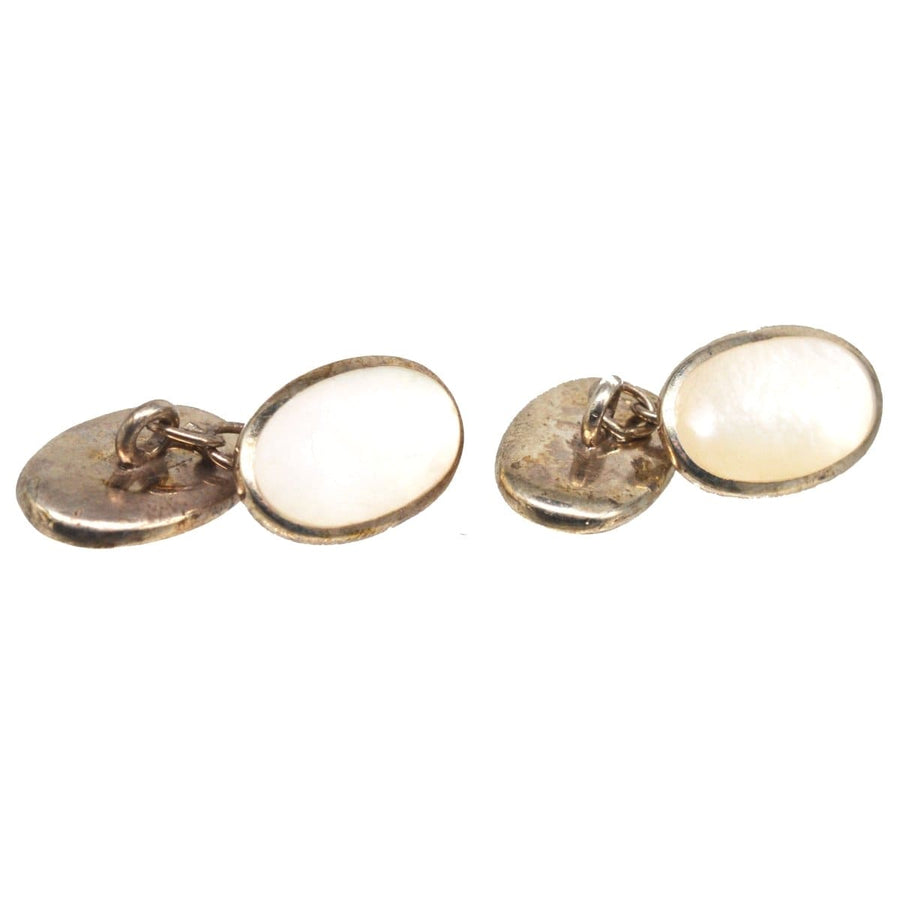 Mid Century German silver oval cufflinks with mother of pearl, stylish accessory for shirts.