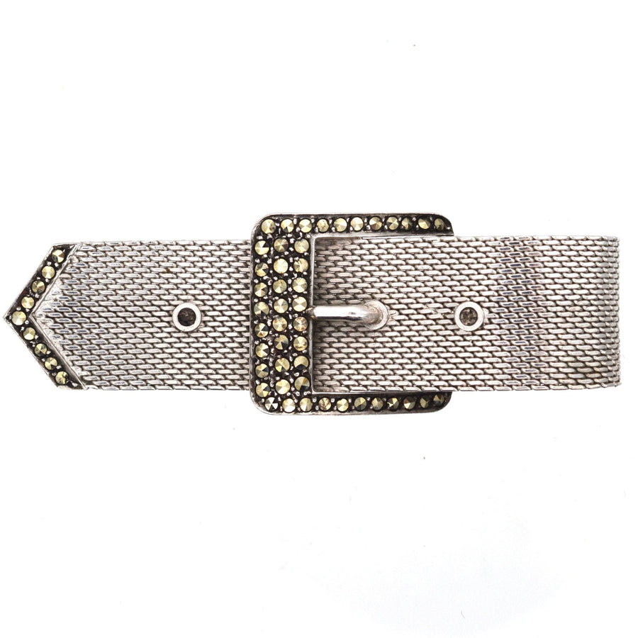 Mid Century silver buckle brooch adorned with marcasites, showcasing vintage 1950s American design, imported in 1964.