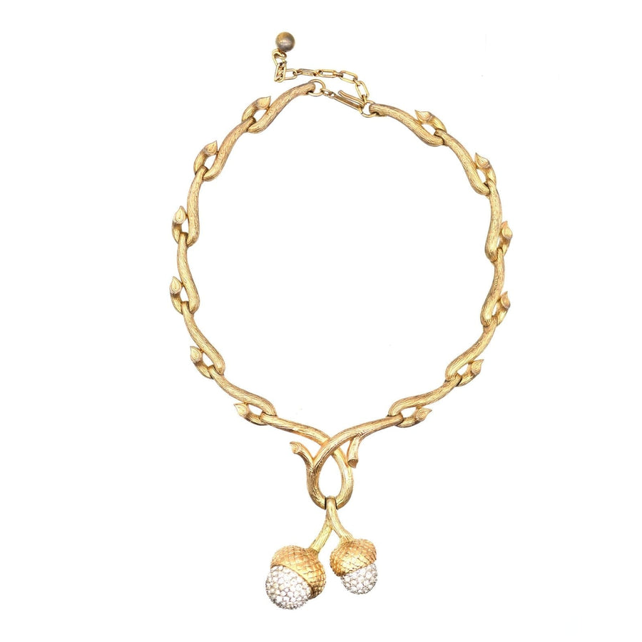 Mid - Century Trifari Naturalistic Branch and Twin Acorn Gold - Tone Statement Necklace