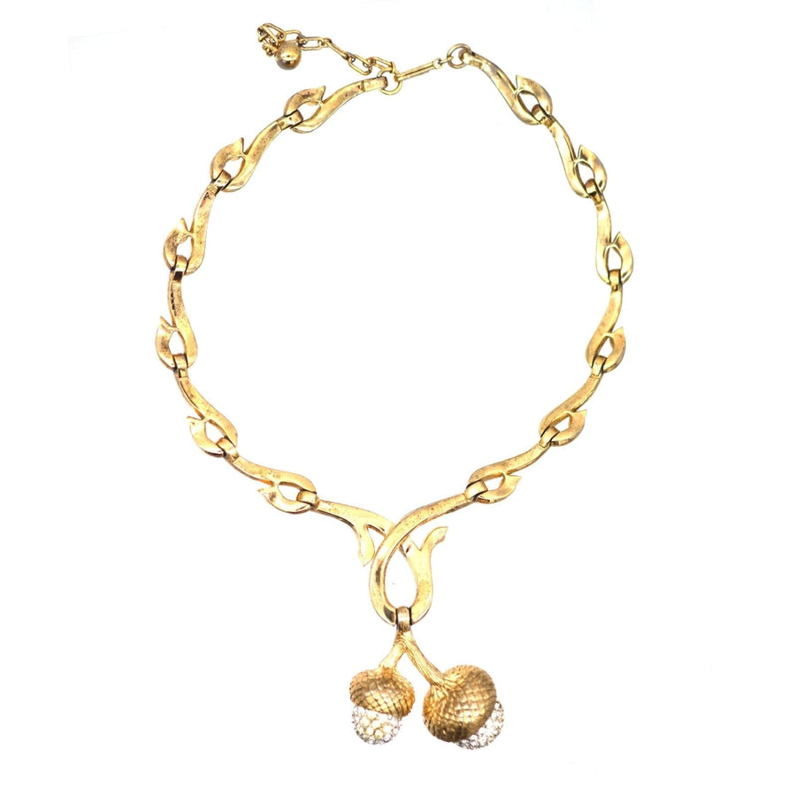 Mid - Century Trifari Naturalistic Branch and Twin Acorn Gold - Tone Statement Necklace