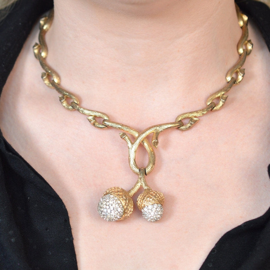 Mid - Century Trifari Naturalistic Branch and Twin Acorn Gold - Tone Statement Necklace
