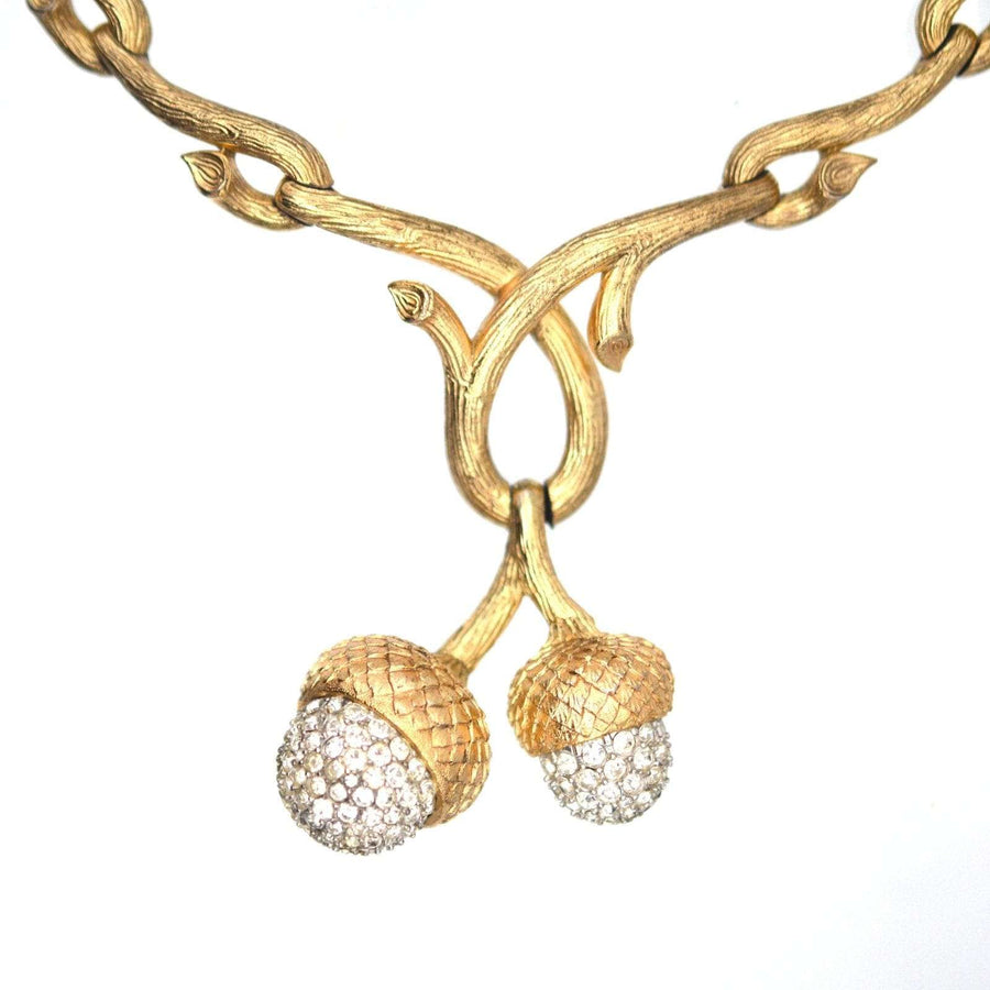 Mid - Century Trifari Naturalistic Branch and Twin Acorn Gold - Tone Statement Necklace