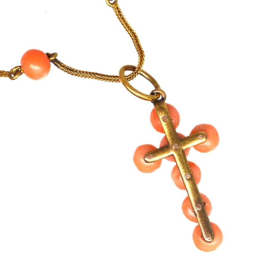 Mid Victorian 15ct gold coral necklace with a cross pendant featuring coral beads and rose-cut diamonds.
