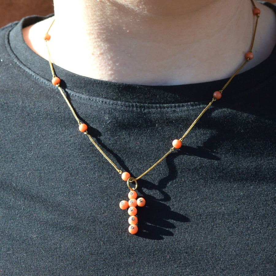 Mid Victorian 15ct gold coral chain necklace with coral diamond cross pendant, showcasing rich historic design.