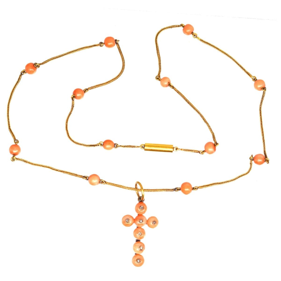 Mid Victorian 15ct gold necklace with coral beads and diamond cross pendant, dating back to the 1840s-1860s.