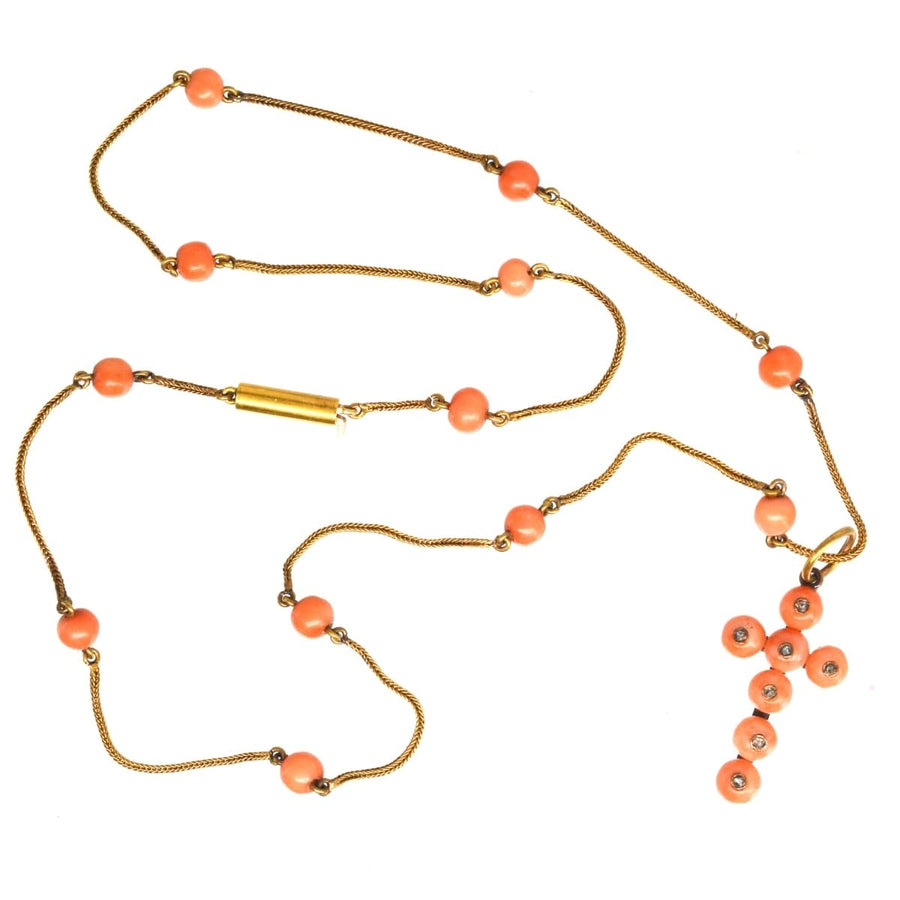 Mid Victorian 15ct gold necklace with coral beads and diamond cross pendant from the 1840s-1860s.