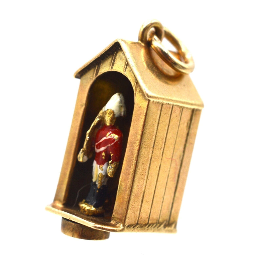 Gold and enamel miniature charm of Queen's Life Guard in sentry box by Georg Jensen Ltd.