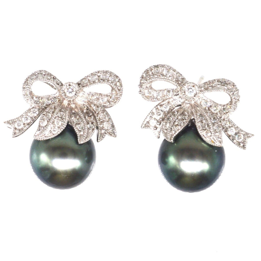 Modern Diamond Bow and Tahitian Cultured Black Pearl Stud Earrings | Parkin and Gerrish | Antique & Vintage Jewellery