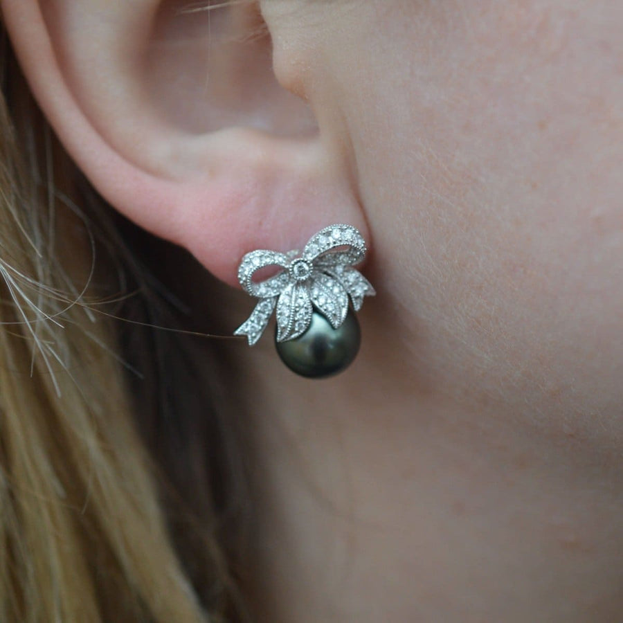 Modern Diamond Bow and Tahitian Cultured Black Pearl Stud Earrings | Parkin and Gerrish | Antique & Vintage Jewellery